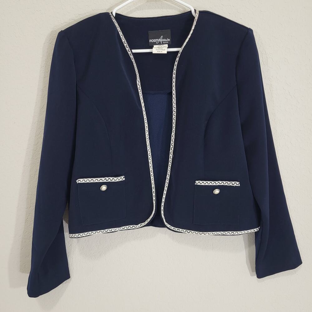 VTG Crop Blazer Positive Attitude Womens M / L Petite Navy blue 90s Made in USA
